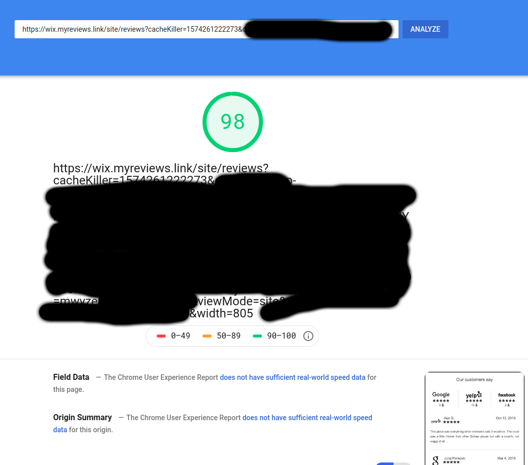 MyReviews fast pagespeed test 98 index result