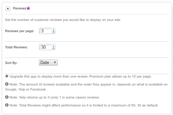 MyReviews Review configuration sections in the application settings.