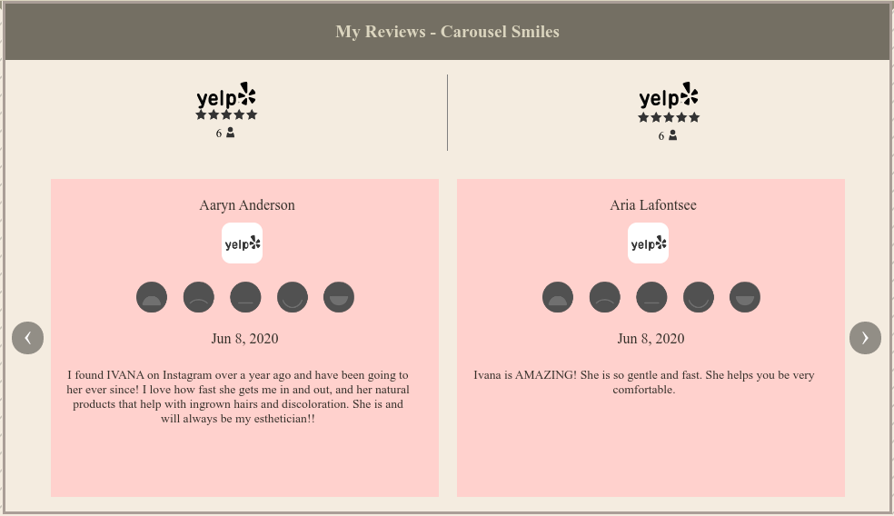 MyReviews Smiles carousel with Yelp demo data